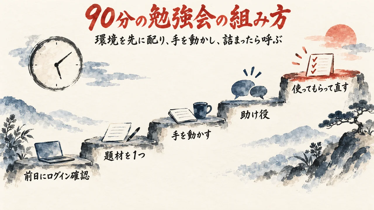 90分の生成AI勉強会を5つの段取りで組む提案の図解