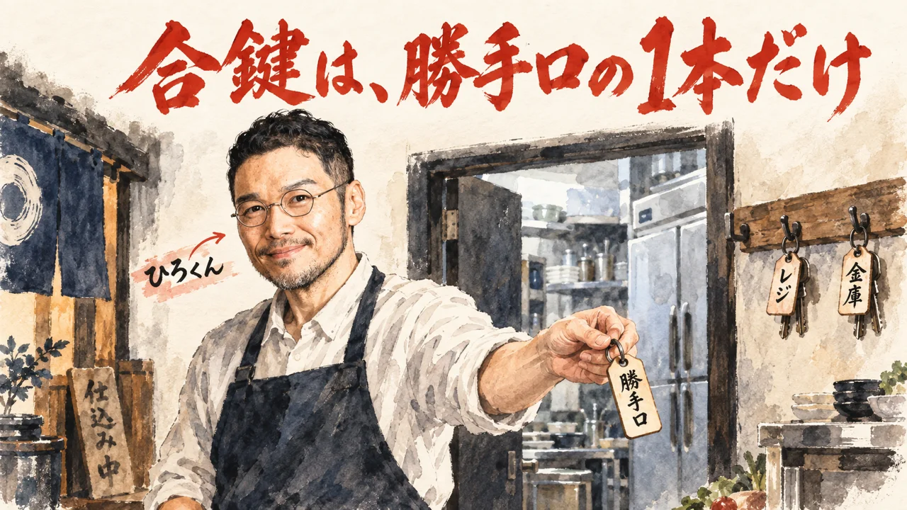 厨房の勝手口の鍵を1本だけ渡す場面の水彩イラスト