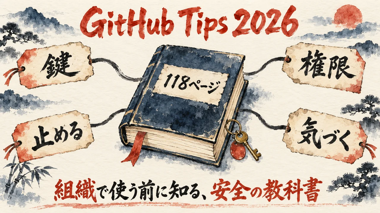 サイボウズの新人研修資料GitHub Tips 2026を、組織で安全に使うための教科書として示す図解