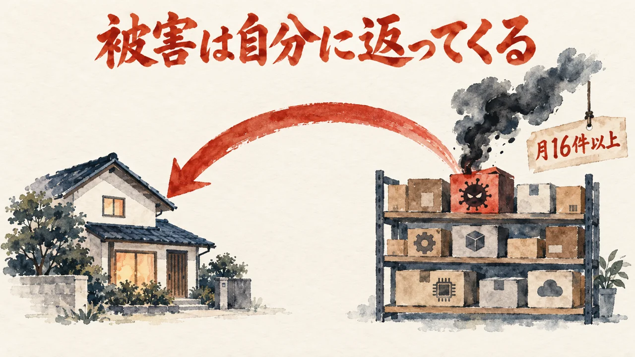 使っている部品の側から被害が自分の環境へ返ってくるサプライチェーン攻撃の図解