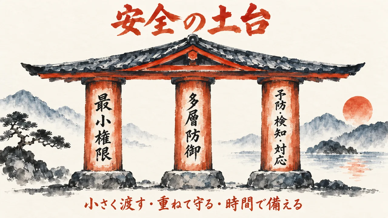 最小権限、多層防御、予防と検知と対応の3つの土台の図解