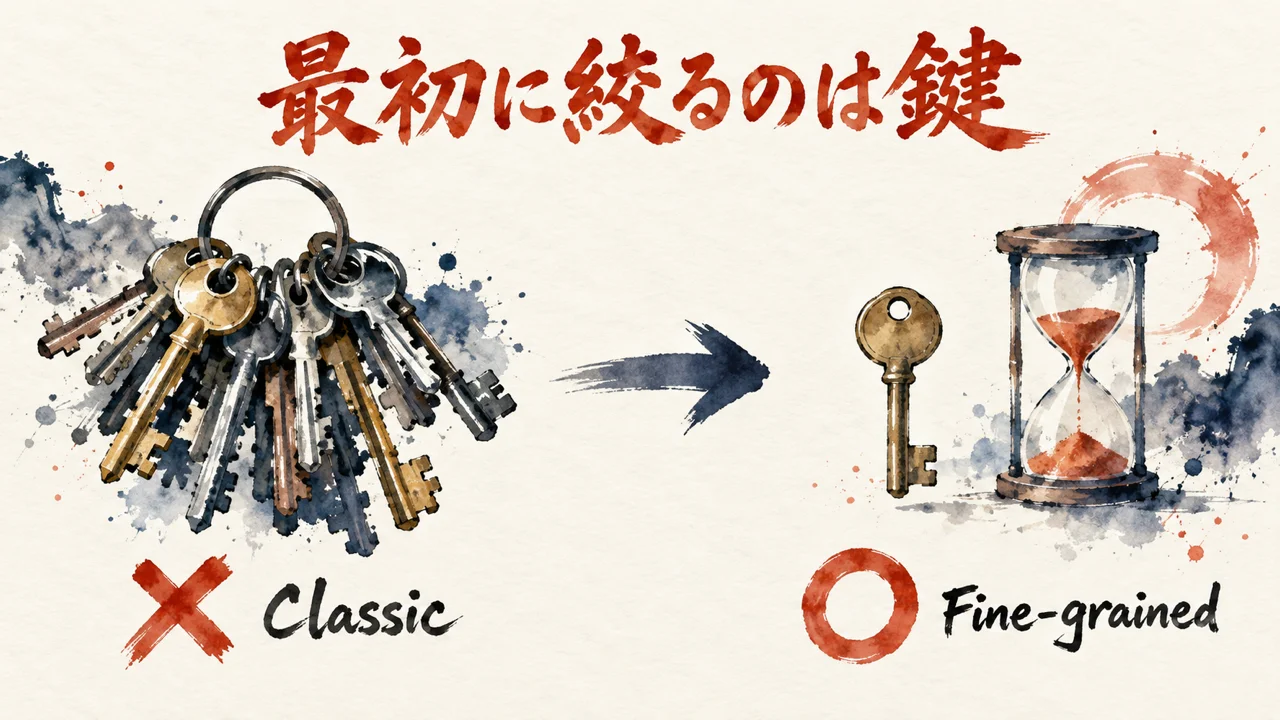 鍵の範囲と期限を小さくし、自動処理の権限をジョブごとに書くことを示す図解