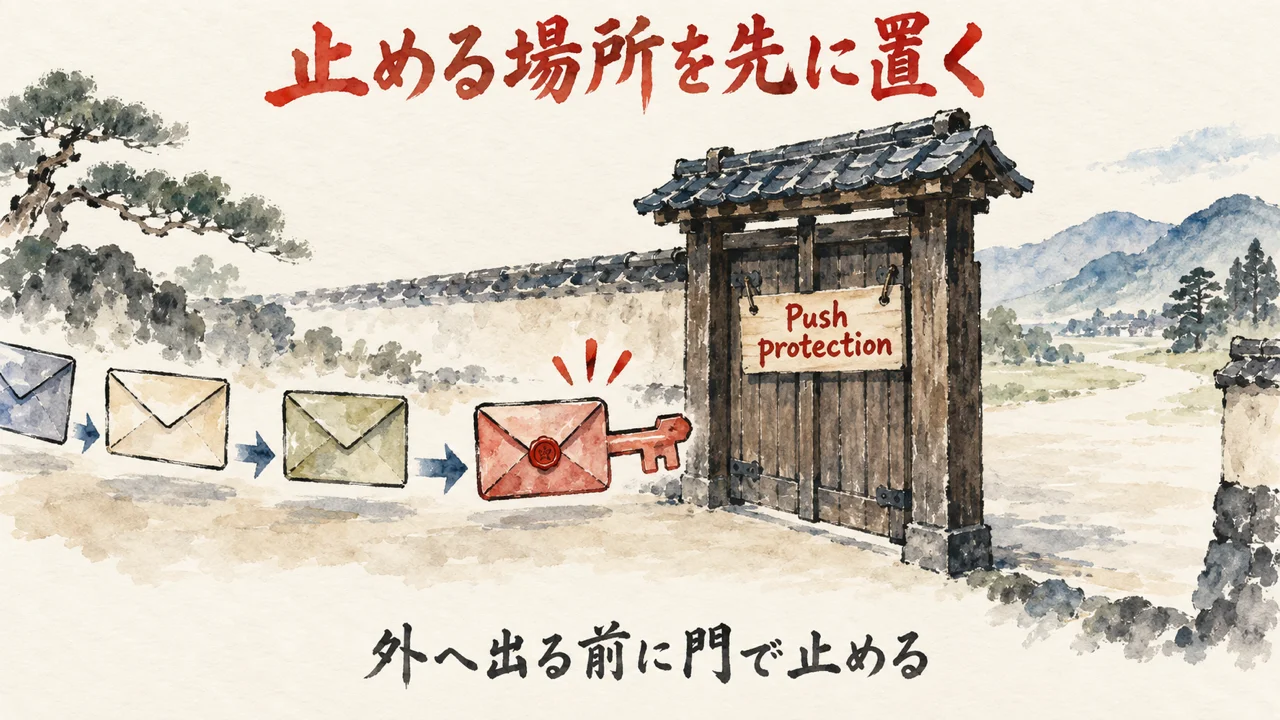秘密の送信をpushの瞬間に止めるPush protectionの図解