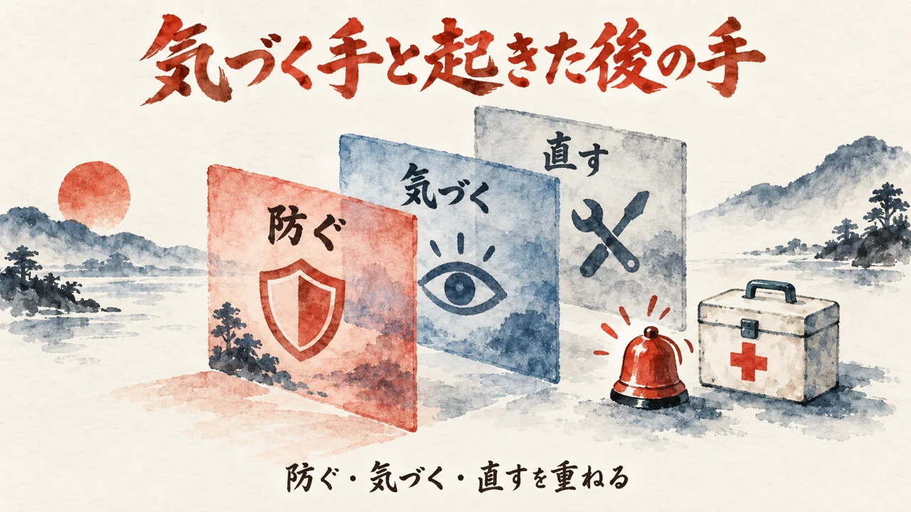 防げない前提で、気づく仕組みと起きた後の手順を重ねる図解