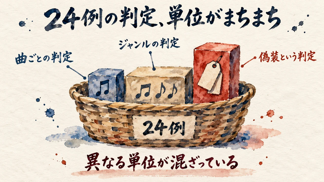 24例の判定は、曲ごと・ジャンルごと・偽装まで単位がまちまちで、1つの籠に混ざっている