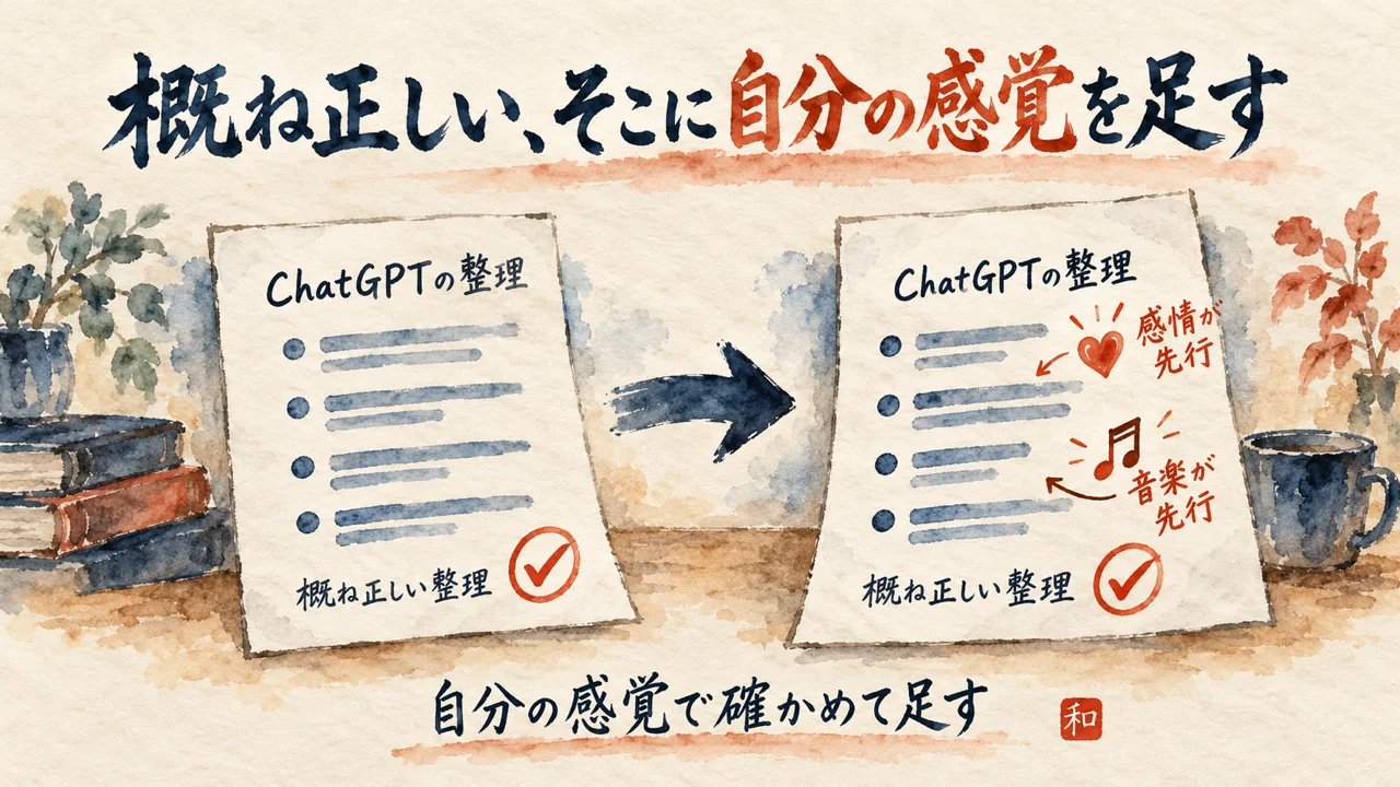 ChatGPTの整理を受け取り、概ね正しいと判定して、感情が先行・音楽が先行の感覚を足す