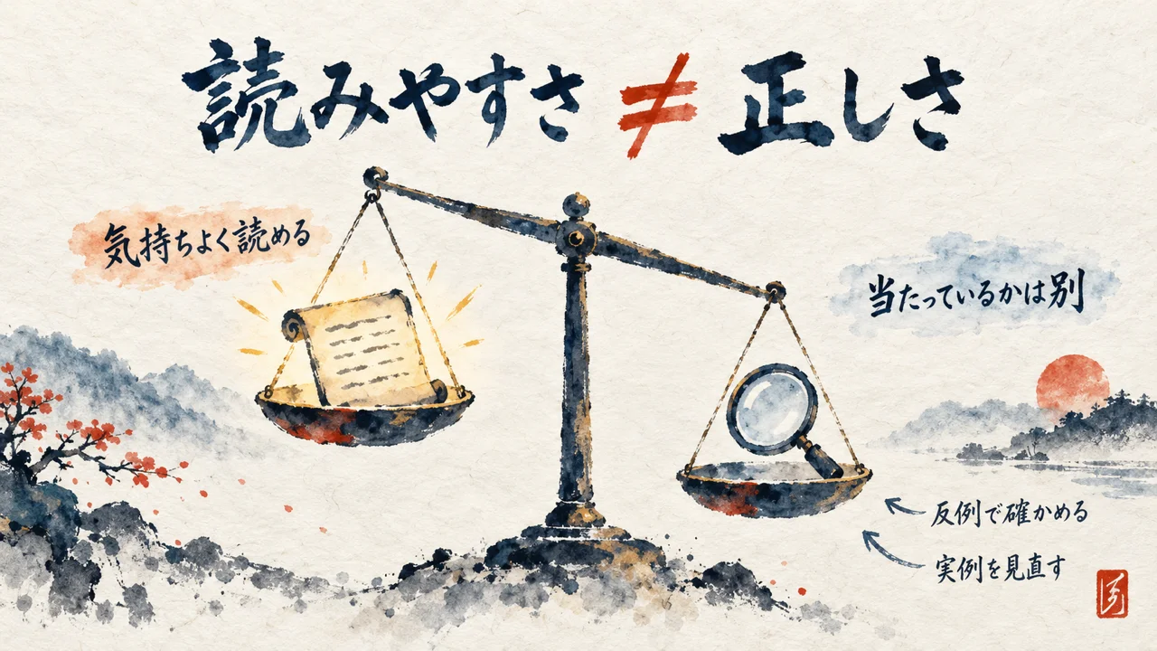 気持ちよく読める整理と、当たっている整理は別。反例で確かめて、実例を見直す