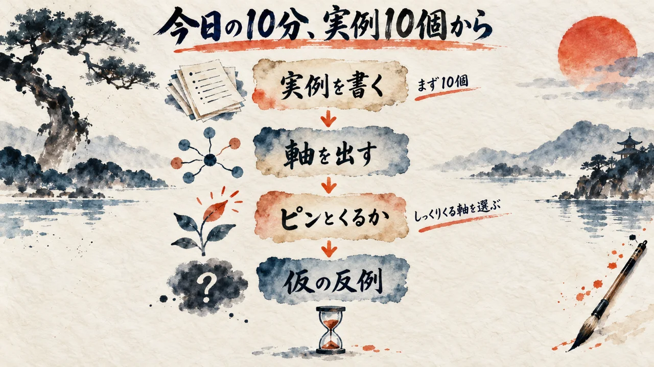 実例を書く、軸を出す、ピンとくるか、仮の反例の4ステップ