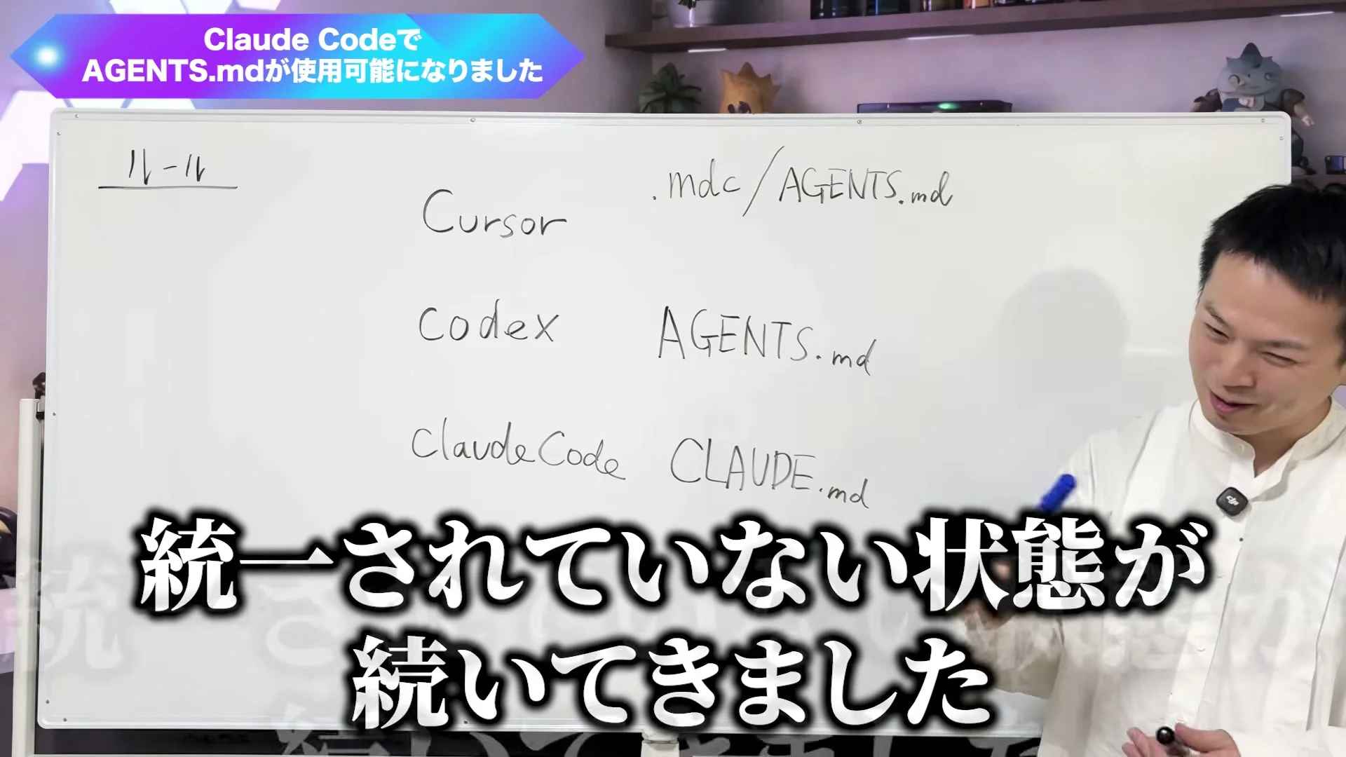 動画キャプチャ: ホワイトボードに、Cursorは.mdc/AGENTS.md、CodexはAGENTS.md、Claude CodeはCLAUDE.mdと書かれ、「統一されていない状態が続いてきました」のテロップが出ている（2:48頃）