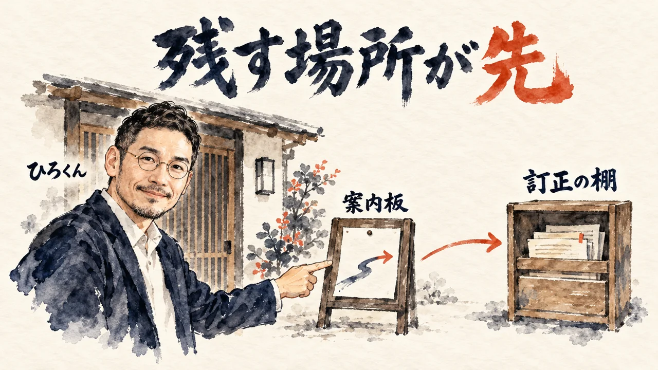 図解。ひろくんが玄関の案内板を指し、訂正はその横の棚に残す。指示書には残し場所への案内だけを書く