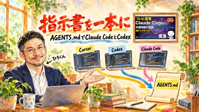 指示書を一本に。Cursor・Codex・Claude Codeの3つのAIの矢印が1本のAGENTS.mdに集まり、ひろくんが紹介している。壁に動画のサムネイル