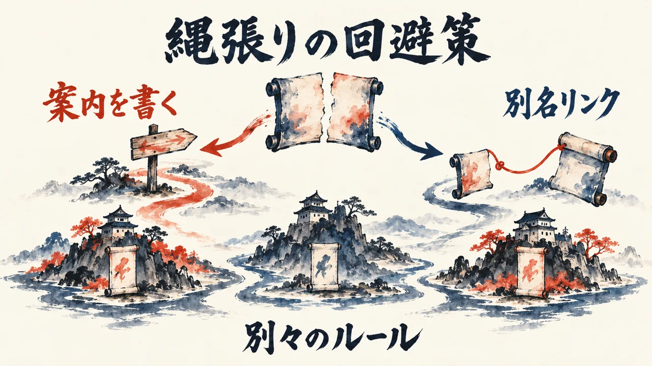 図解。AIごとにルールファイルが別の城のようにあり、案内を書く方法と別名リンクの2つの回避策が示されている
