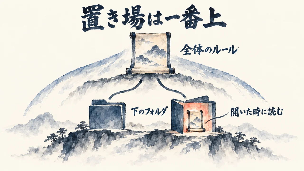 図解。全体のルールの巻物をプロジェクトの一番上に置き、下のフォルダのルールは、そのフォルダを開いた時に読む