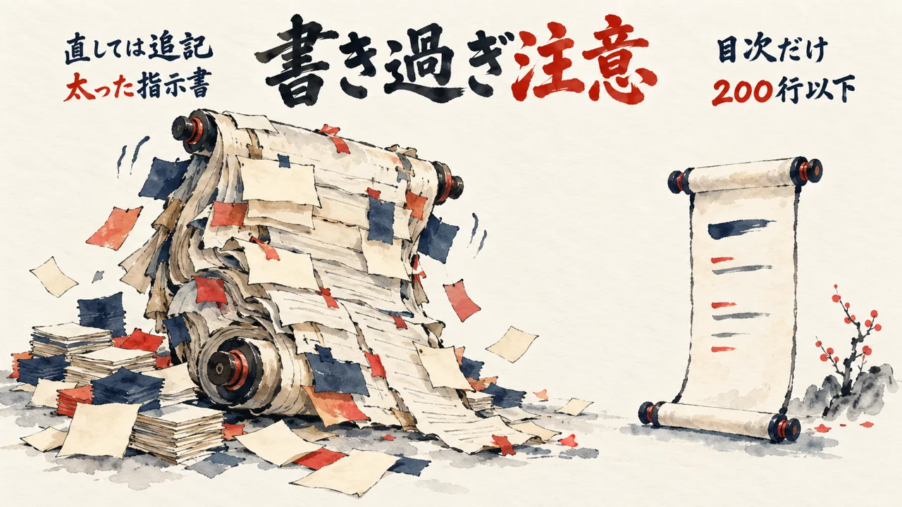 図解。直しては追記して太った指示書の山と、目次だけで200行以下に収めた細い巻物の対比