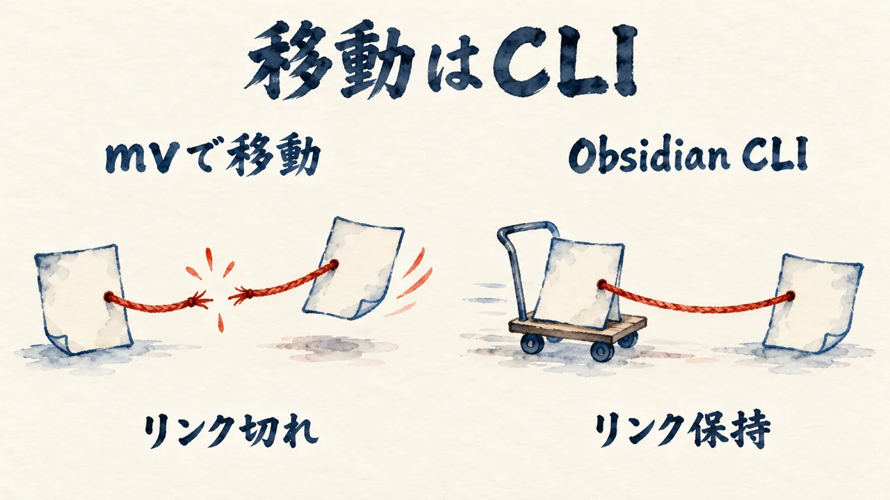 図解。mvで動かすとノートのリンクが切れ、Obsidian CLIで動かすとリンクが保たれる対比