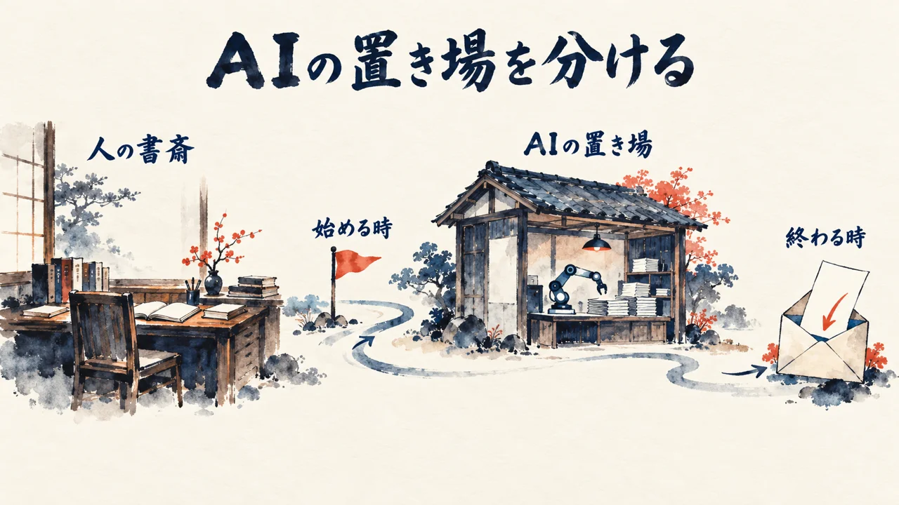 図解。人の書斎とAIの置き場を分けて、始める時と終わる時の決まりを置く道筋