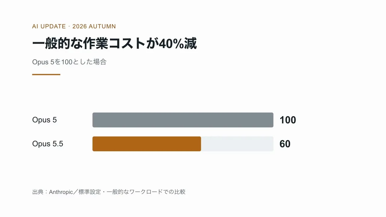 ワタナベカズマサさんの動画の画面。Opus 5 を100とすると Opus 5.5 は60になる棒グラフ(3:45頃)