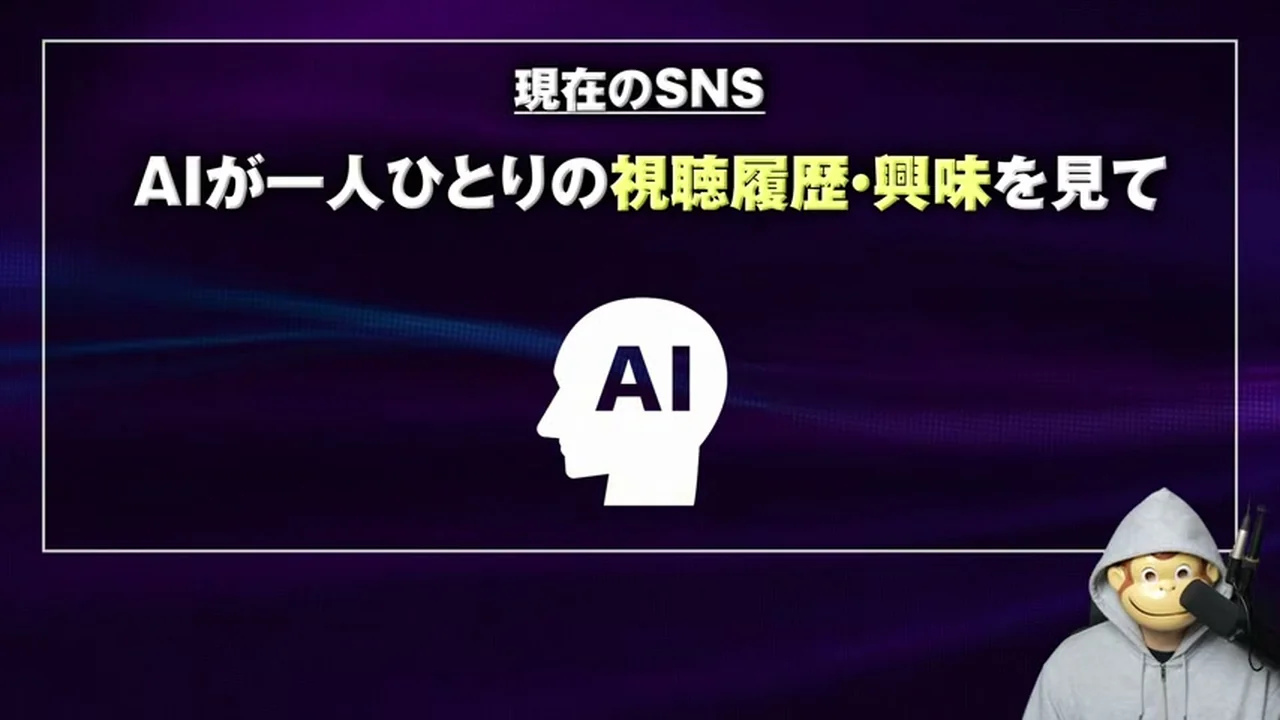 動画キャプチャ: AIが一人ひとりの視聴履歴・興味を見て、というテロップとAIの頭の図が出る場面(5:18頃)
