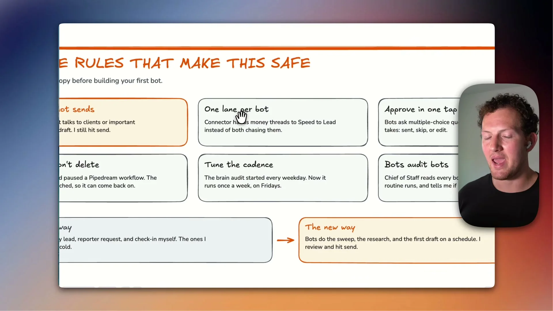 動画キャプチャ: 安全のための決まりを並べた画面。One lane per bot、Tune the cadence、Bots audit bots などの札と、The new way の説明が出る（17:16頃）