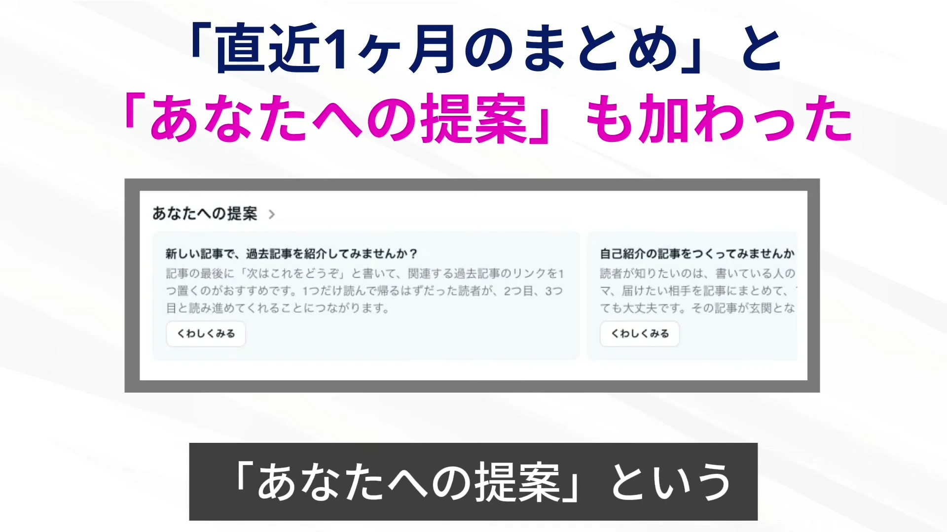 動画の画面。ダッシュボードの、あなたへの提案の欄に、新しい記事で過去記事を紹介してみませんか、などの提案が2つ並んでいる