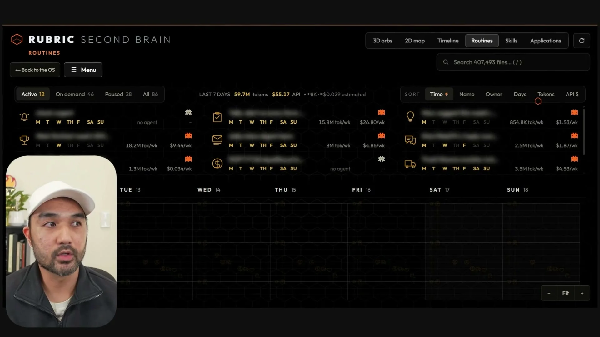 動画キャプチャ: RUBRIC Second Brain の Routines 画面。Active 12 の一覧と、曜日ごとの予定の表が並ぶ（17:40頃）