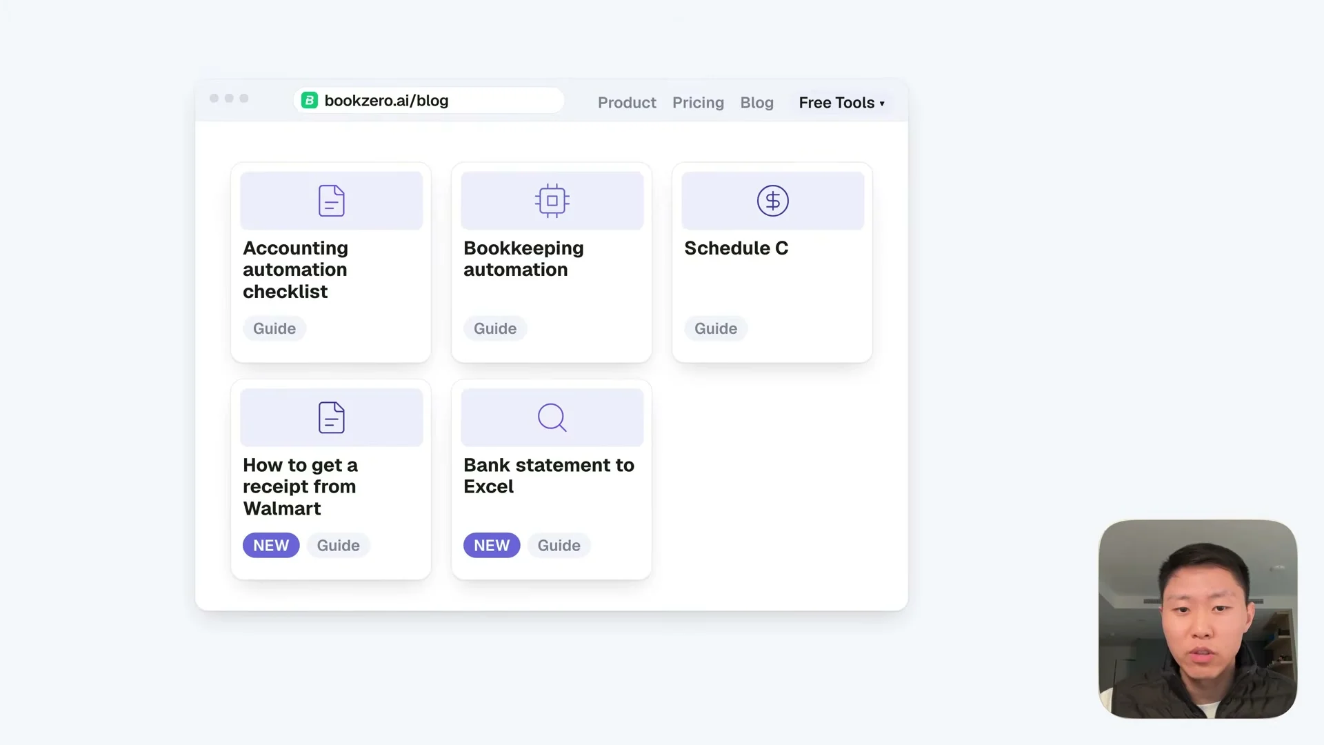 動画内の図解スライド: ブログの一覧を簡略に描いた図。How to get a receipt from Walmart と Bank statement to Excel の2枚に NEW の札が付いている(17:40頃)