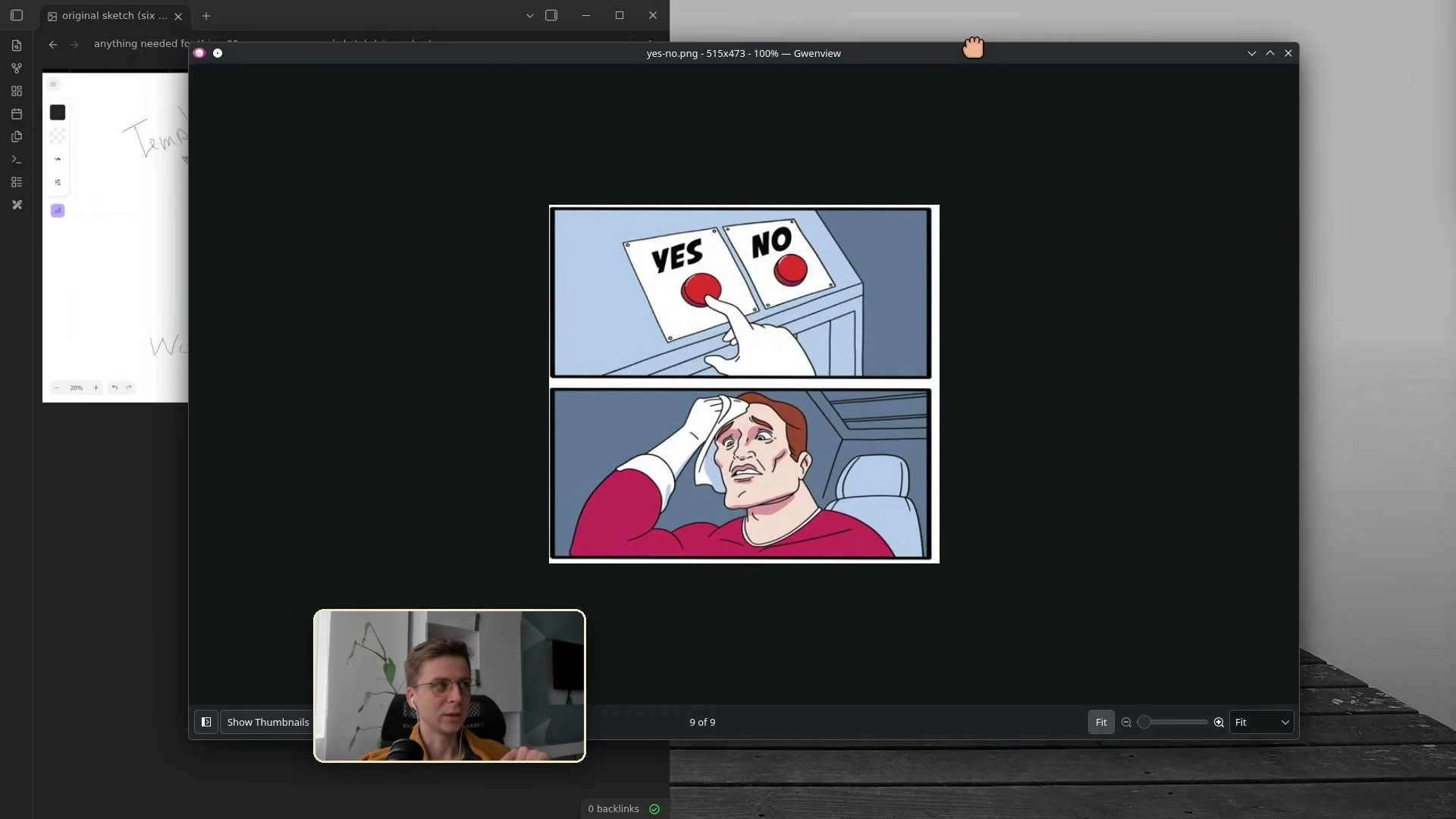 動画キャプチャ: Yes と No の2つのボタンの前で、頭を抱える人物を描いたミーム画像