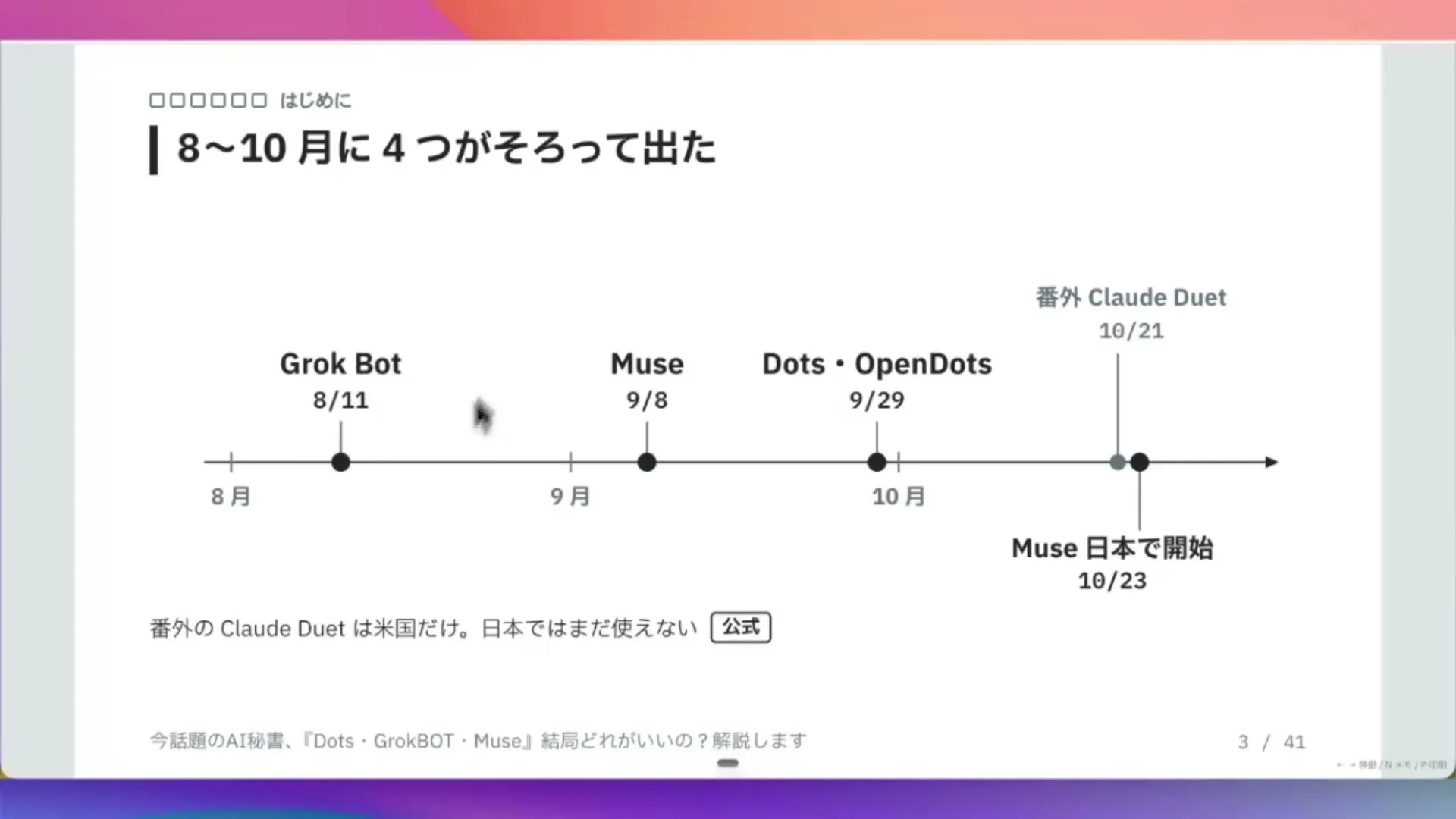 動画キャプチャ: スライドの題は、8〜10月に4つがそろって出た、で、Grok Bot、Muse、Dots の登場した日付が横の時間軸に並んでいる場面（1:49頃）