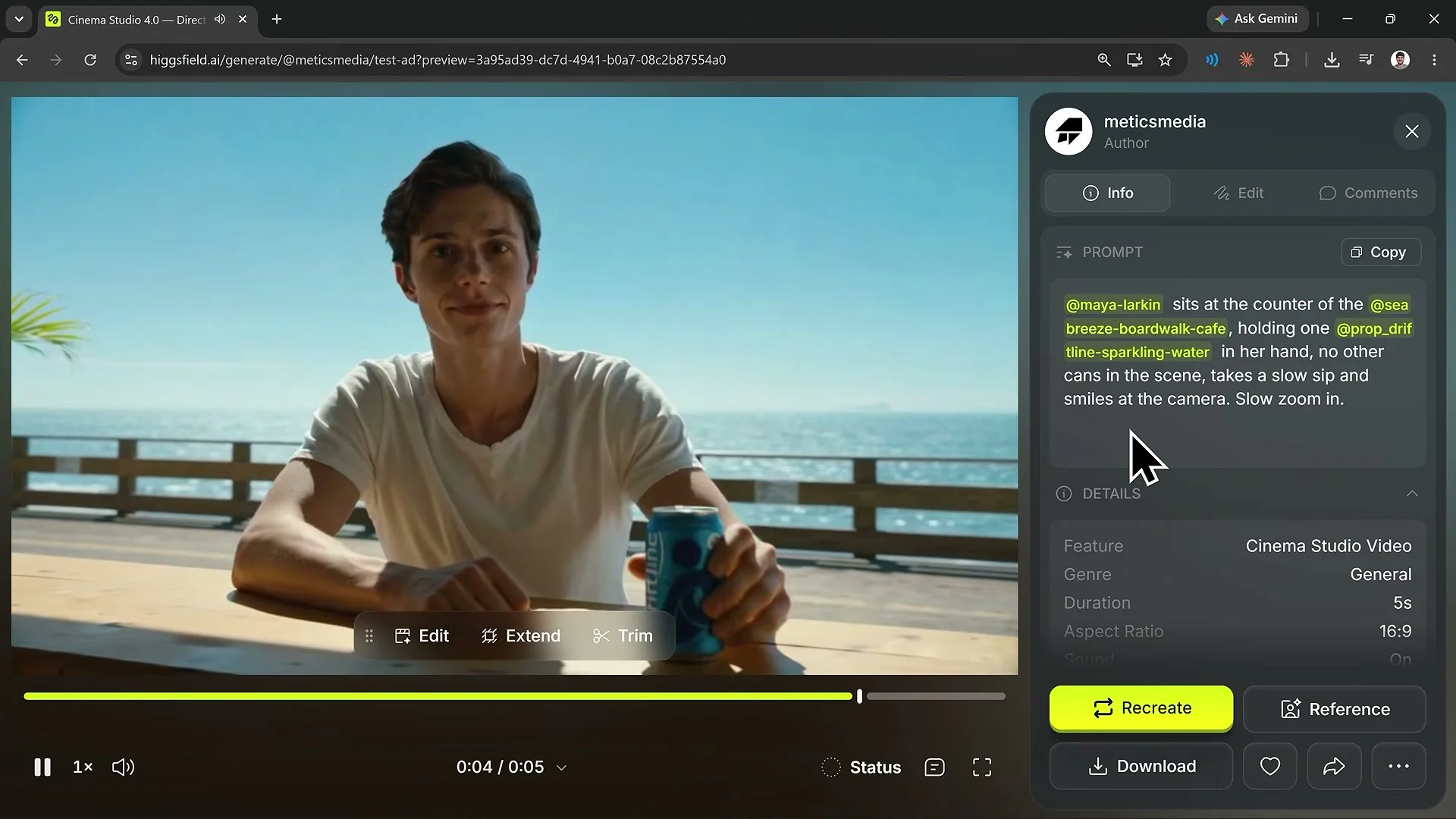 動画キャプチャ: Cinema Studio の広告動画の再生画面。右の指示文に @maya-larkin、@seabreeze-boardwalk-cafe、@prop_driftline-sparkling-water の素材が差し込まれ、5秒・16:9 と出ている(18:48頃)
