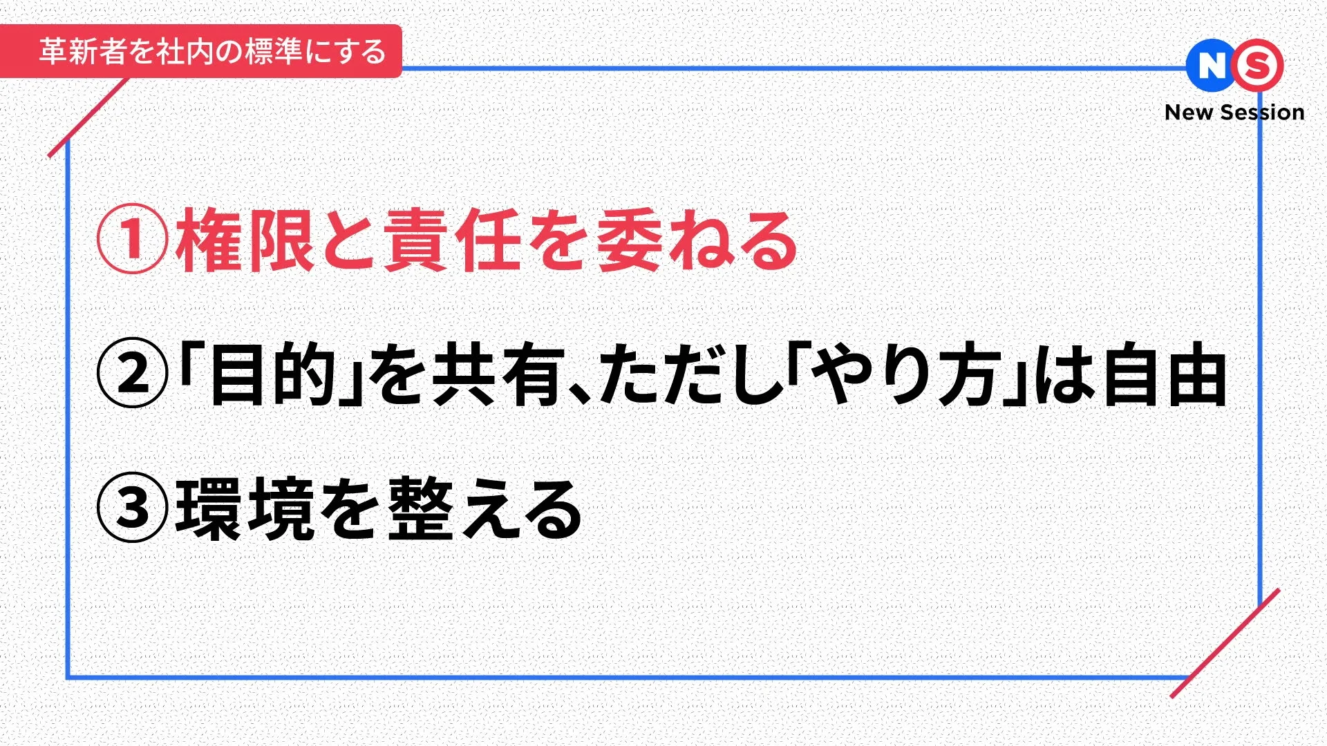 動画キャプチャ: 革新者を社内の標準にする、の画面。権限と責任を委ねる、目的を共有しやり方は自由、環境を整える、の三つが並ぶ（19:00頃）