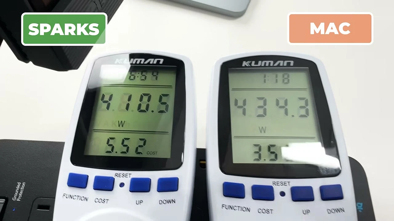動画の画面。消費電力を測る電力計が2つ並び、Spark側が410.5ワット、Mac側が434.3ワットと表示されている場面