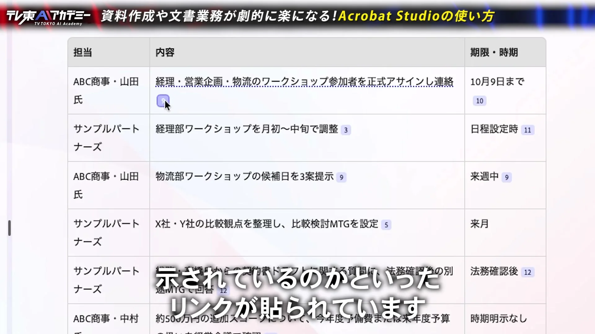 動画キャプチャ: 会議の決定事項を担当と内容と期限で整理した表。各行の末尾に引用番号の小さな札が付き、字幕には、リンクが貼られています、と出る場面（19:14頃）