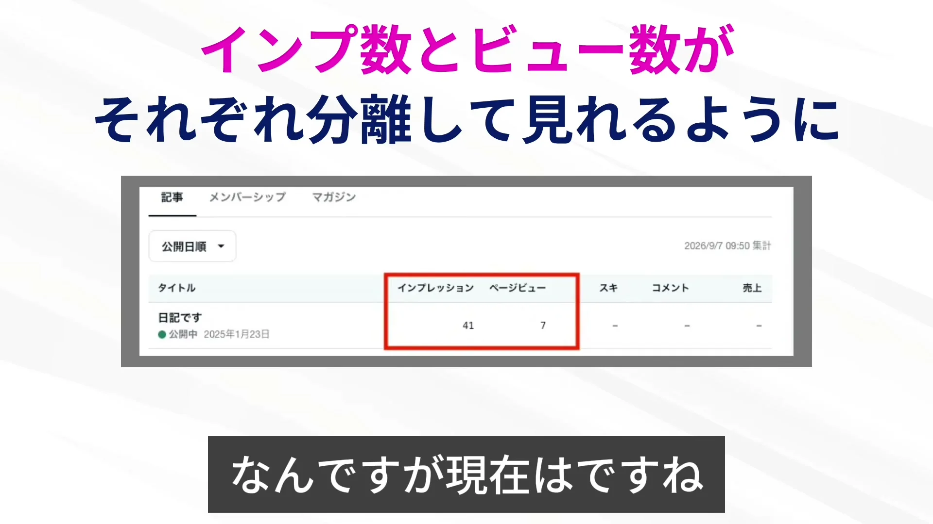 動画の画面。記事の一覧で、インプレッションとページビューの2つの列が赤い枠で囲まれ、日記の記事はインプレッション41、ページビュー7と出ている