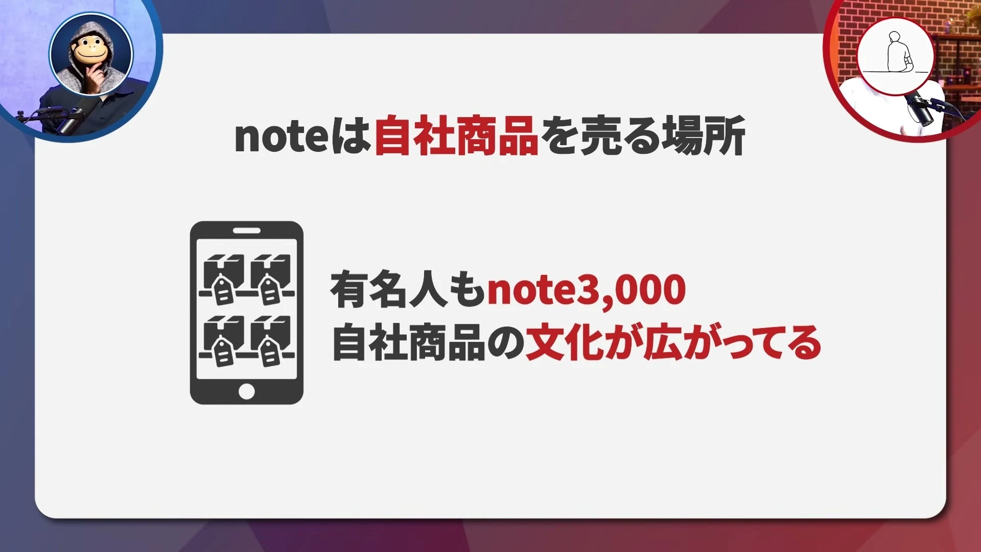 動画キャプチャ: noteは自社商品を売る場所、有名人もnote3,000、というスライド