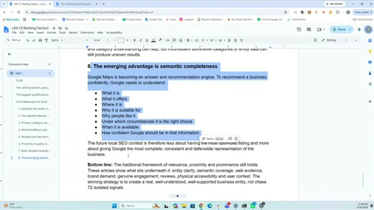 動画の画面。ドキュメントの、semantic completenessの8つの箇条書きが映る場面