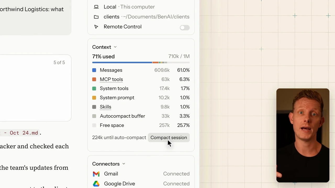 Claude Codeのcontextカード。チャットの埋まり具合と、コンパクトにするボタンが出る画面。右下に話し手の小窓