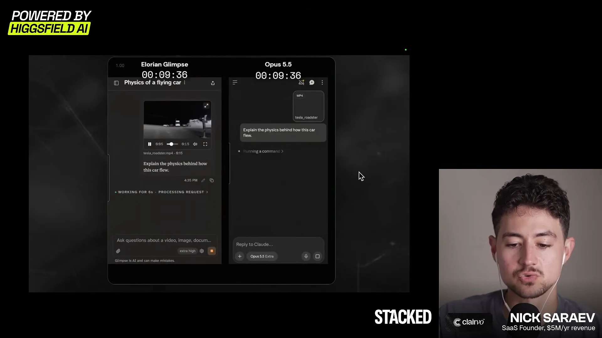 動画の画面。左右に二つの画面録画が並び、同じ質問と同じ時間表示のタイマーが映る並走録画の開始場面。右下に Nickさんのカメラが映る