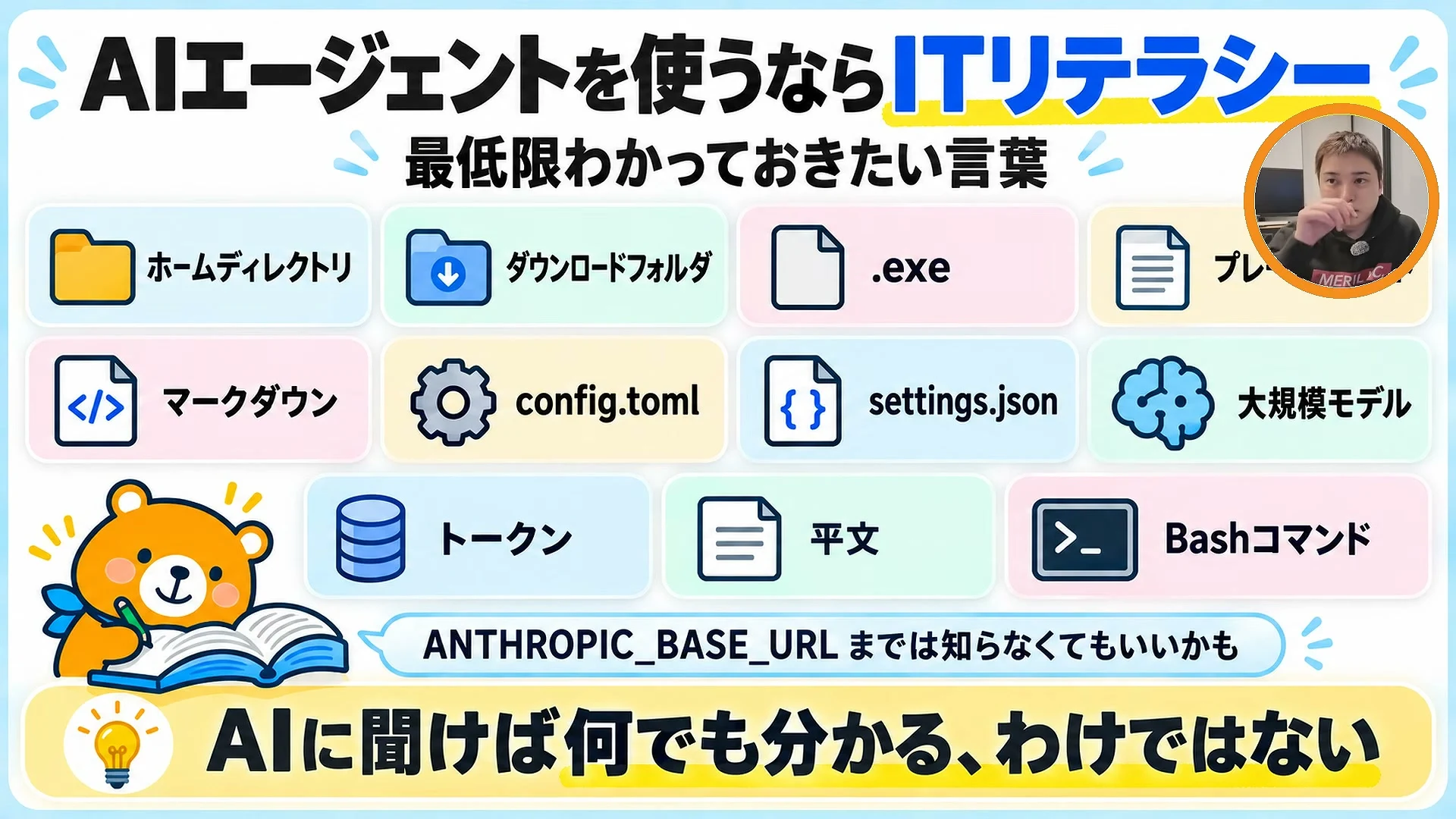 動画キャプチャ: スライドに、AIエージェントを使うならITリテラシー、という見出しと最低限わかっておきたい言葉の一覧が出ている場面（21:40頃）