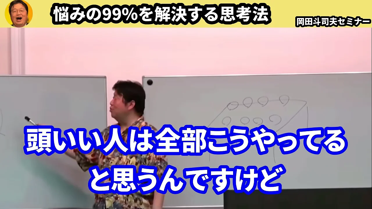 動画キャプチャ: ホワイトボードの前で、岡田斗司夫さんが右のボードの図を指して話す場面。画面上部の題字は、悩みの99%を解決する思考法(23:03頃)