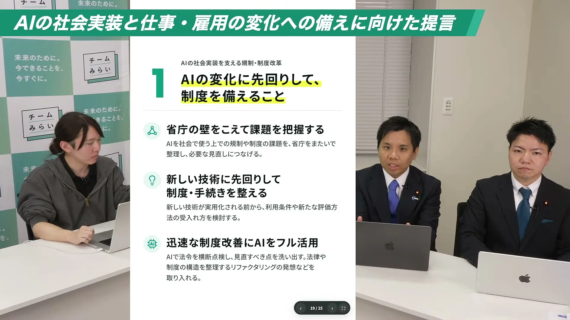 動画キャプチャ: スライド 提言1 AIの変化に先回りして、制度を備えること。省庁の壁をこえて課題を把握する、新しい技術に先回りして制度・手続きを整える、迅速な制度改善にAIをフル活用の3項目（23:15頃）
