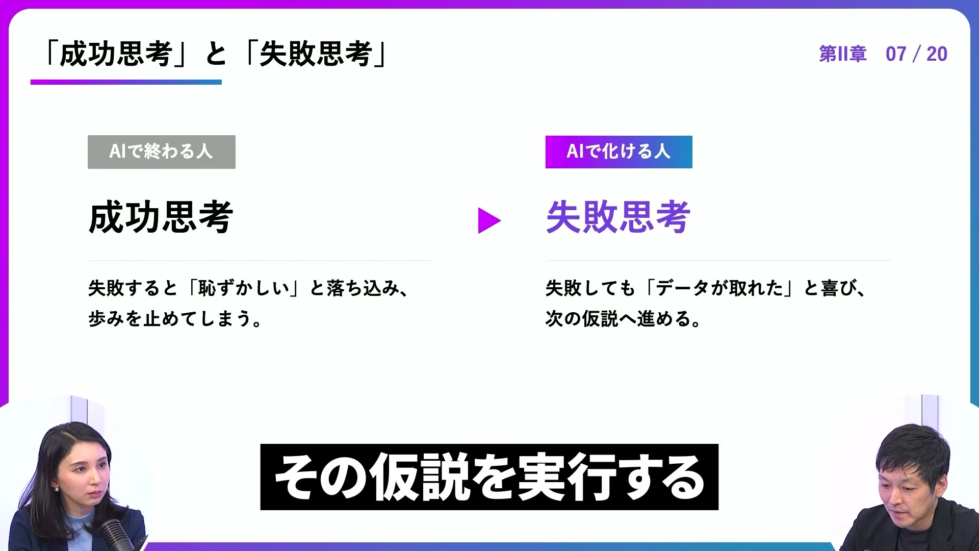 動画の画面。スライド、成功思考と失敗思考