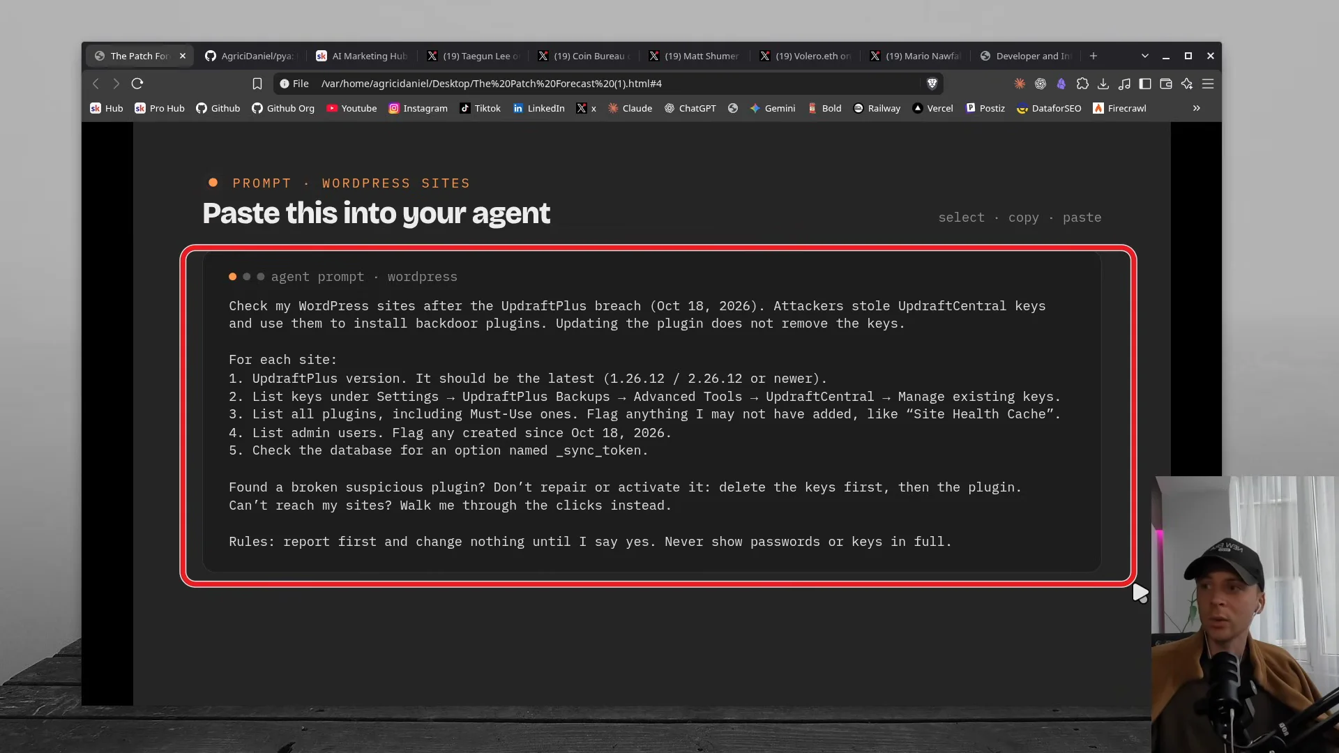 動画の画面。Paste this into your agent の見出しの下に、UpdraftPlus を確かめる5つの手順が赤枠で示されたプロンプトの画面。画面の右下に話し手のDanielさんが映っている
