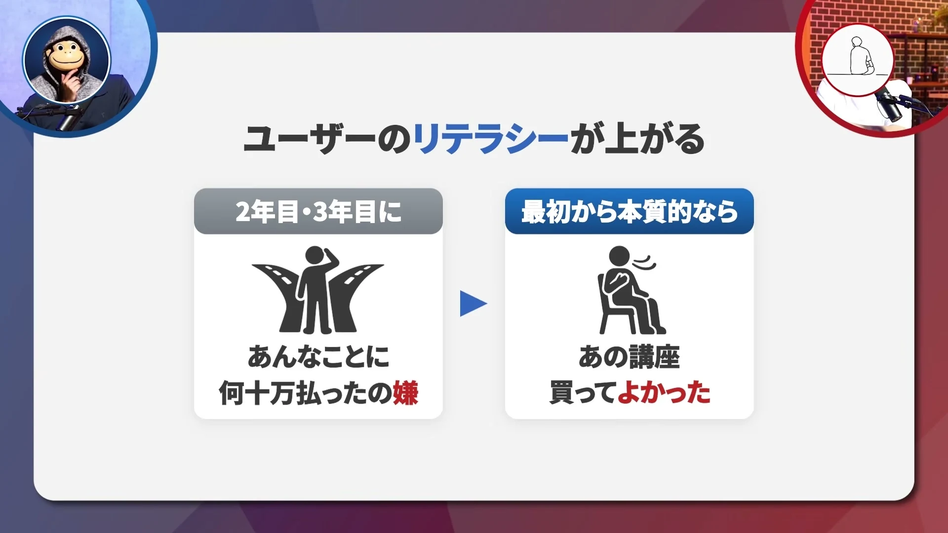 動画キャプチャ: ユーザーのリテラシーが上がる、2年目3年目には何十万払ったの嫌、最初から本質的ならあの講座買ってよかった、というスライド