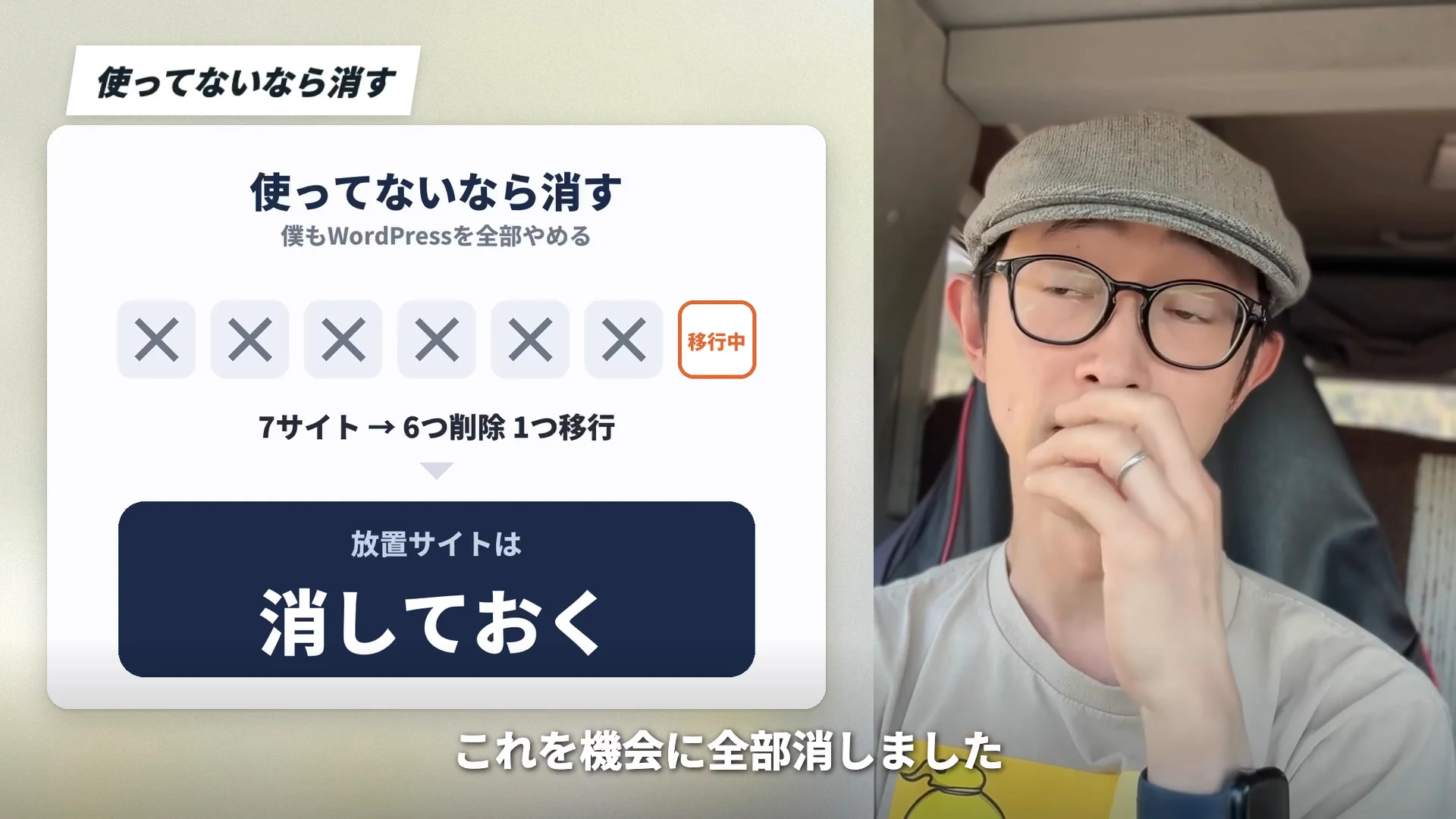 スライド「使ってないなら消す」が映る動画の場面。七つのサイトのうち六つに×印が付き、一つが移行中で、放置サイトは消しておく、と書かれている