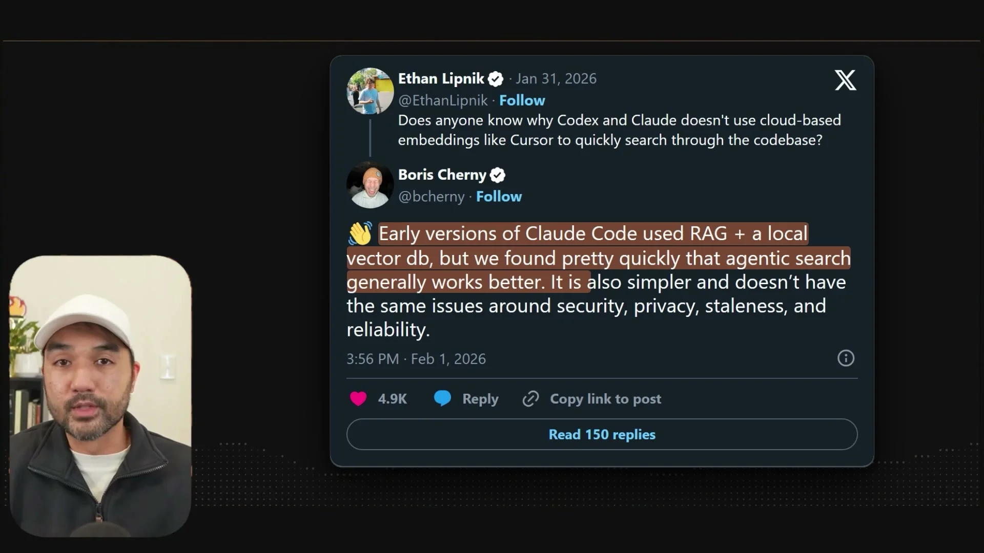 動画キャプチャ: X の投稿の画面。Boris Cherny さんが、初期の Claude Code は RAG とローカルのベクトル DB を使っていたと答えている（24:57頃）