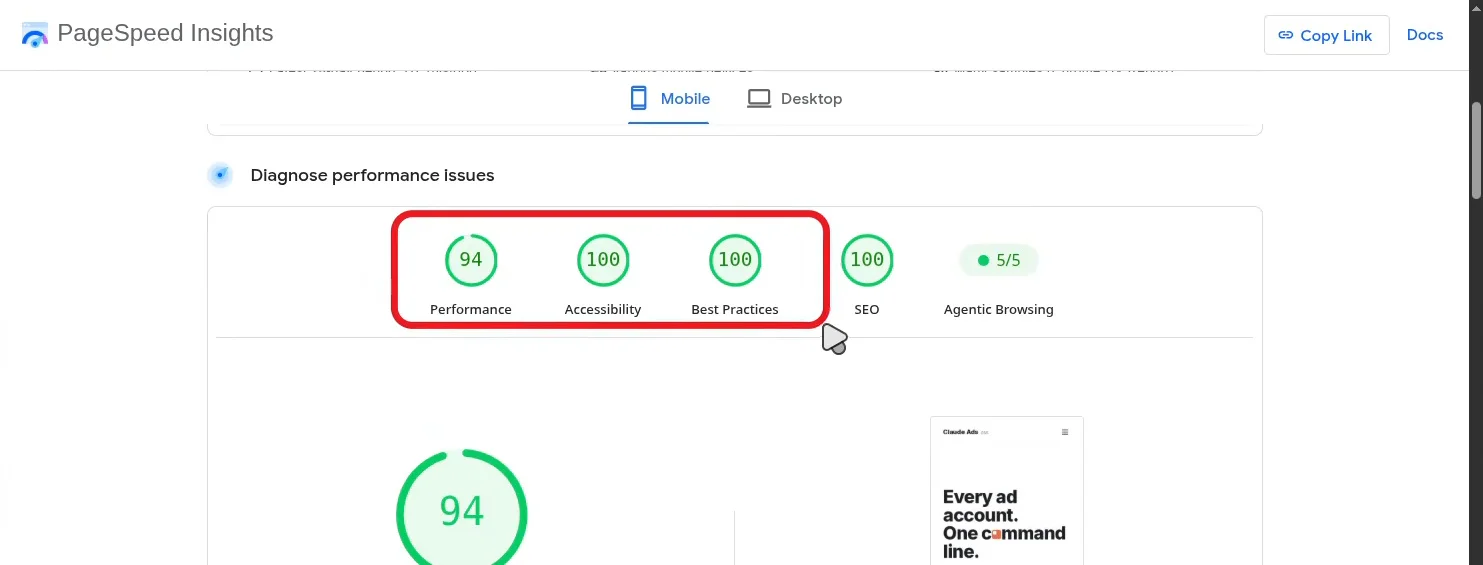 動画の画面。PageSpeed Insights のモバイルで、パフォーマンス94、アクセシビリティ100、ベストプラクティス100、SEO100、Agentic Browsing 5/5と表示されている。