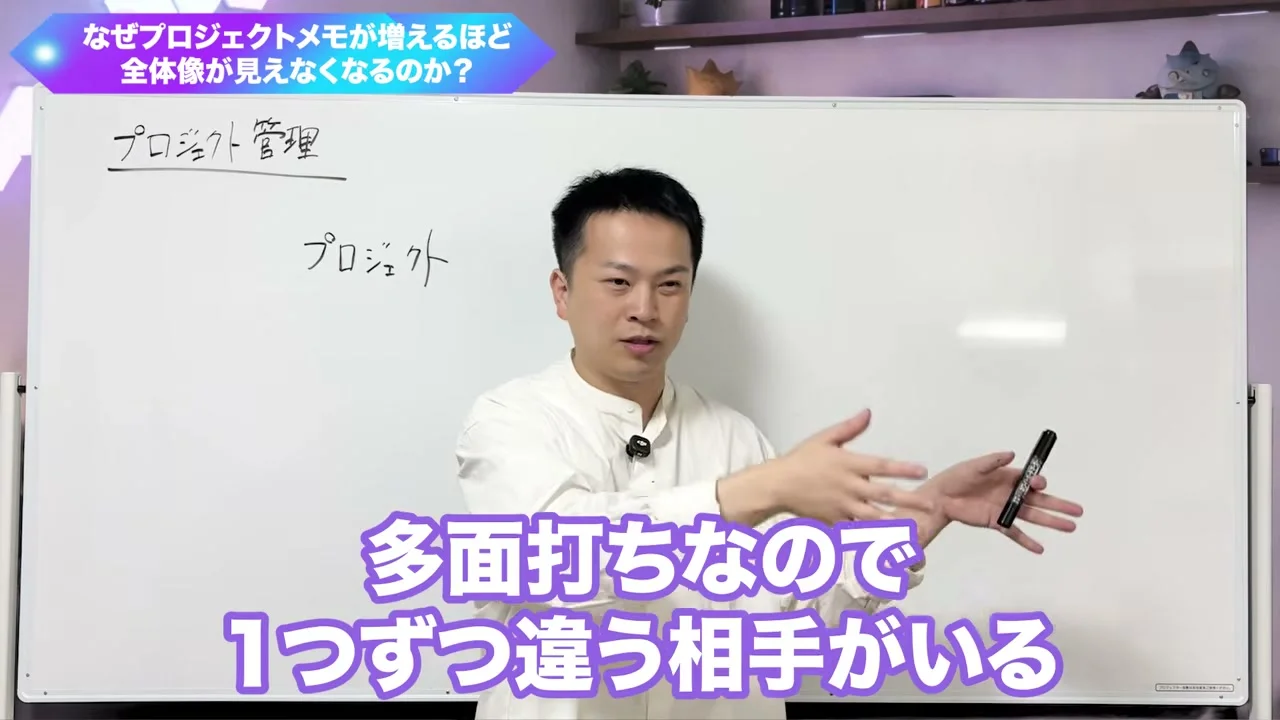 動画の画面。ホワイトボードの前で、多面打ちなので1つずつ違う相手がいる、と出て、プロジェクトを囲碁の多面打ちに例える場面