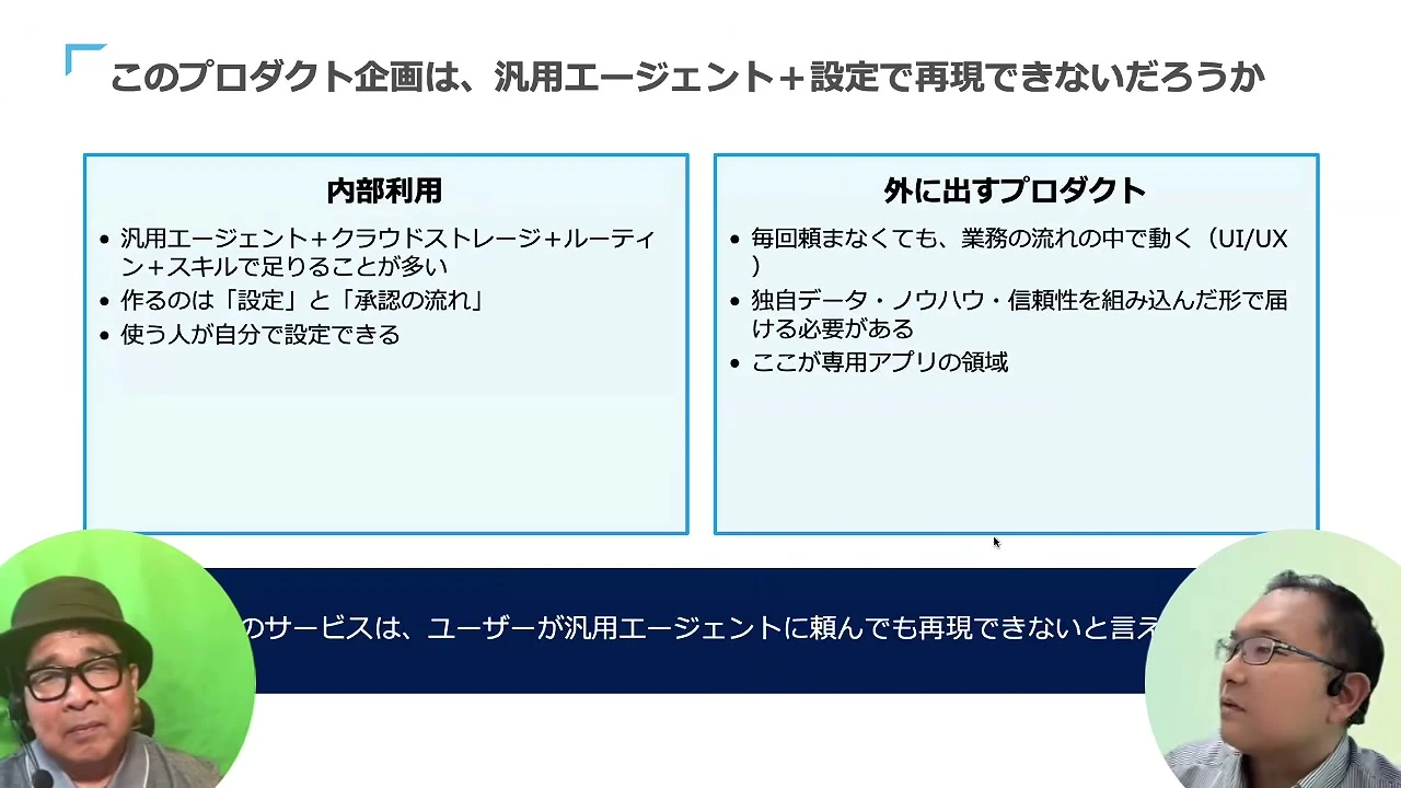 このプロダクト企画は、汎用エージェント＋設定で再現できないだろうか、と書かれた動画の場面。内部利用と外に出すプロダクトの二つの枠が並び、左右に二人が映っている