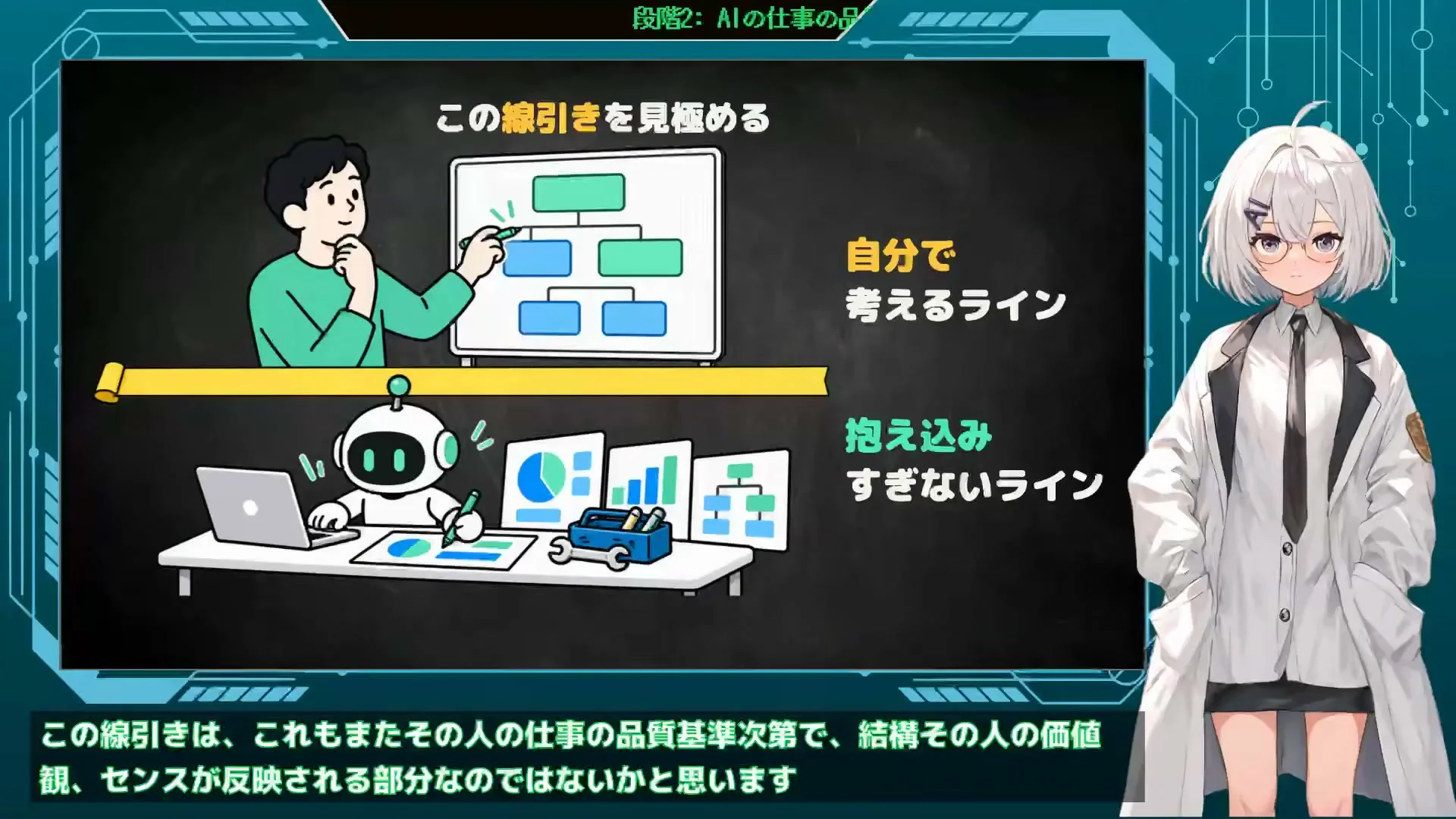 動画キャプチャ: スライド この線引きを見極める。自分で考えるラインと、抱え込みすぎないラインを、黄色の帯で上下に分けた図（25:38頃）
