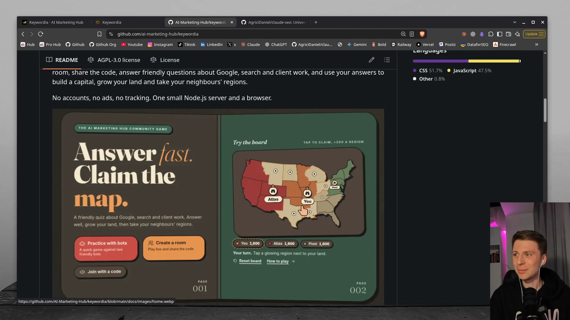 GitHub の公開ページ。アカウントなし、広告なし、追跡なし、小さな Node.js のサーバー1台とブラウザだけ、という説明が見える